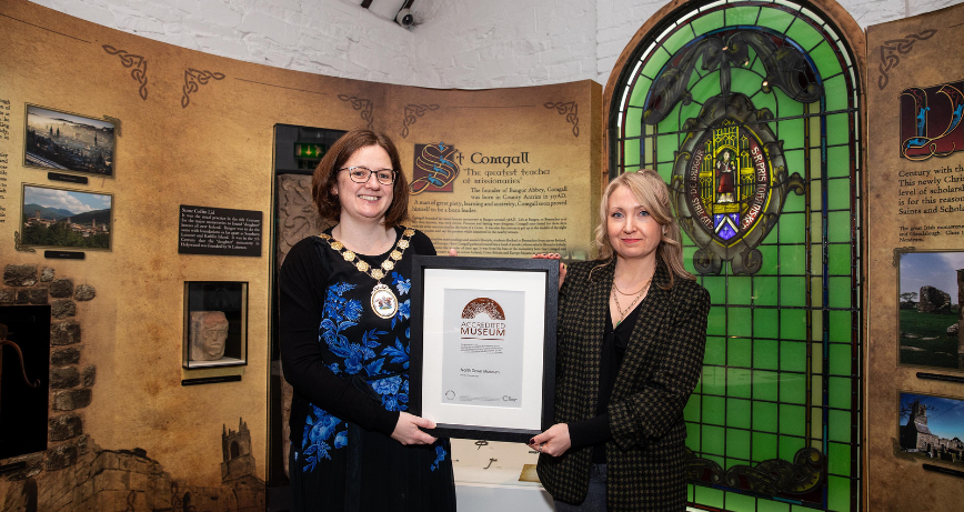 Pictured with the Museum Accreditation Certificate are; The Mayor of Ards and North Down, Councillor Jennifer Gilmour and North Down Museum Manager, Arlene Matthews.
